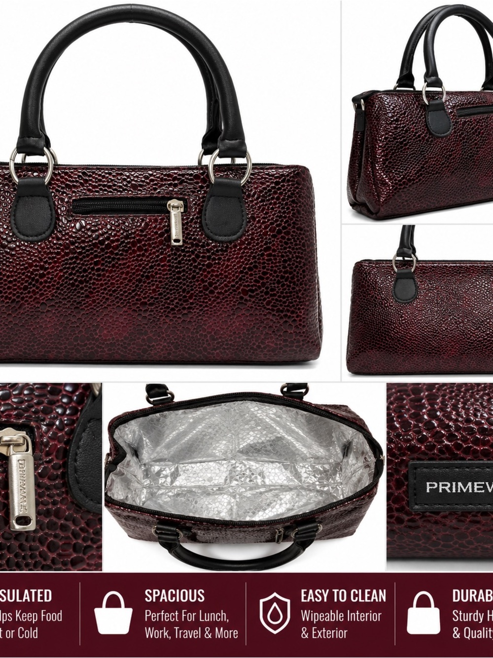 Primeware Burgundy Faux Snakeskin Insulated Lunch Tote Cooler Bag